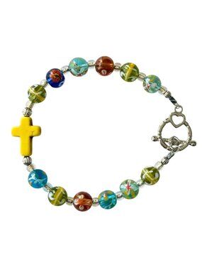 ARTISAN Cross bracelet Multicolor Swirls Floral Glass beads Toggle clasp